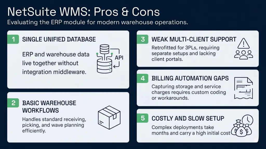 A clean, corporate horizontal 16:9 infographic on a solid deep blue background titled "netsuite wms: pros & cons" that evaluates the erp module for modern warehouse operations. The layout features two balanced sections of light grey panels with dark corporate blue text, clean typography, and minimalist line-art icons accented with bright green highlights. The left section details two operational strengths: a single unified database where erp and warehouse data live together without integration middleware, and basic warehouse workflows that handle standard receiving, picking, and wave planning efficiently. The right section displays three distinct limitations: weak multi-client support requiring separate setups and lacking client portals, billing automation gaps where capturing storage and service charges requires custom coding, and a costly, slow setup involving complex deployments that take months to complete.